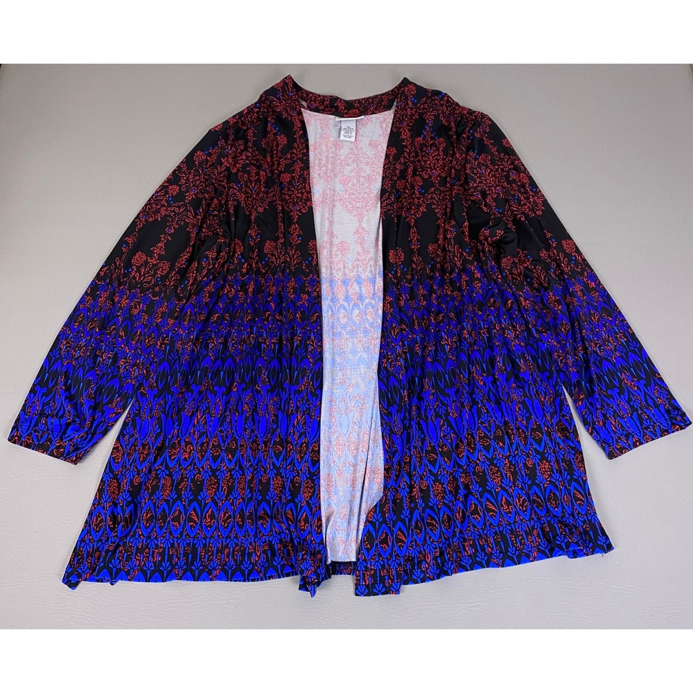 Catherines Cardigan Plus Size 3X 26/28W Black Blue Red Damask Print Open Front